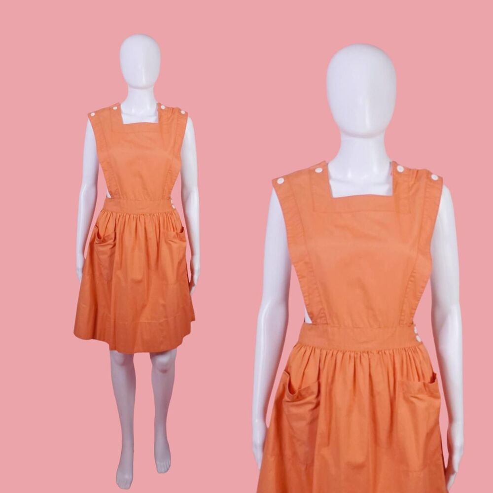 1940s-1950s Angelica Cotton Coral Pink Pinafore Uniform with Front Pockets. XS